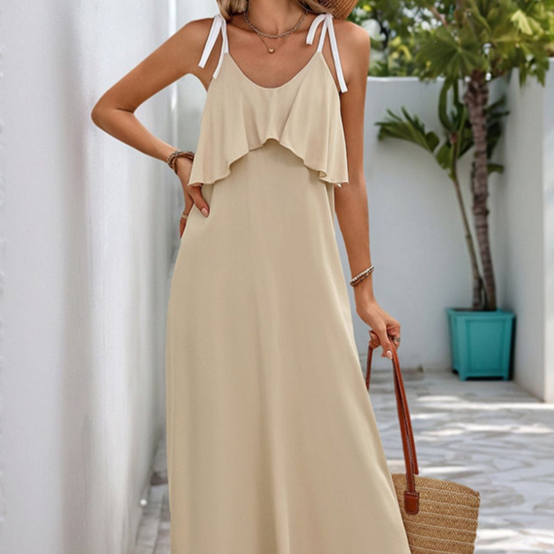 The802Gypsy Dresses Tan / S GYPSY- Tied Ruffled Scoop Neck Sleeveless Dress