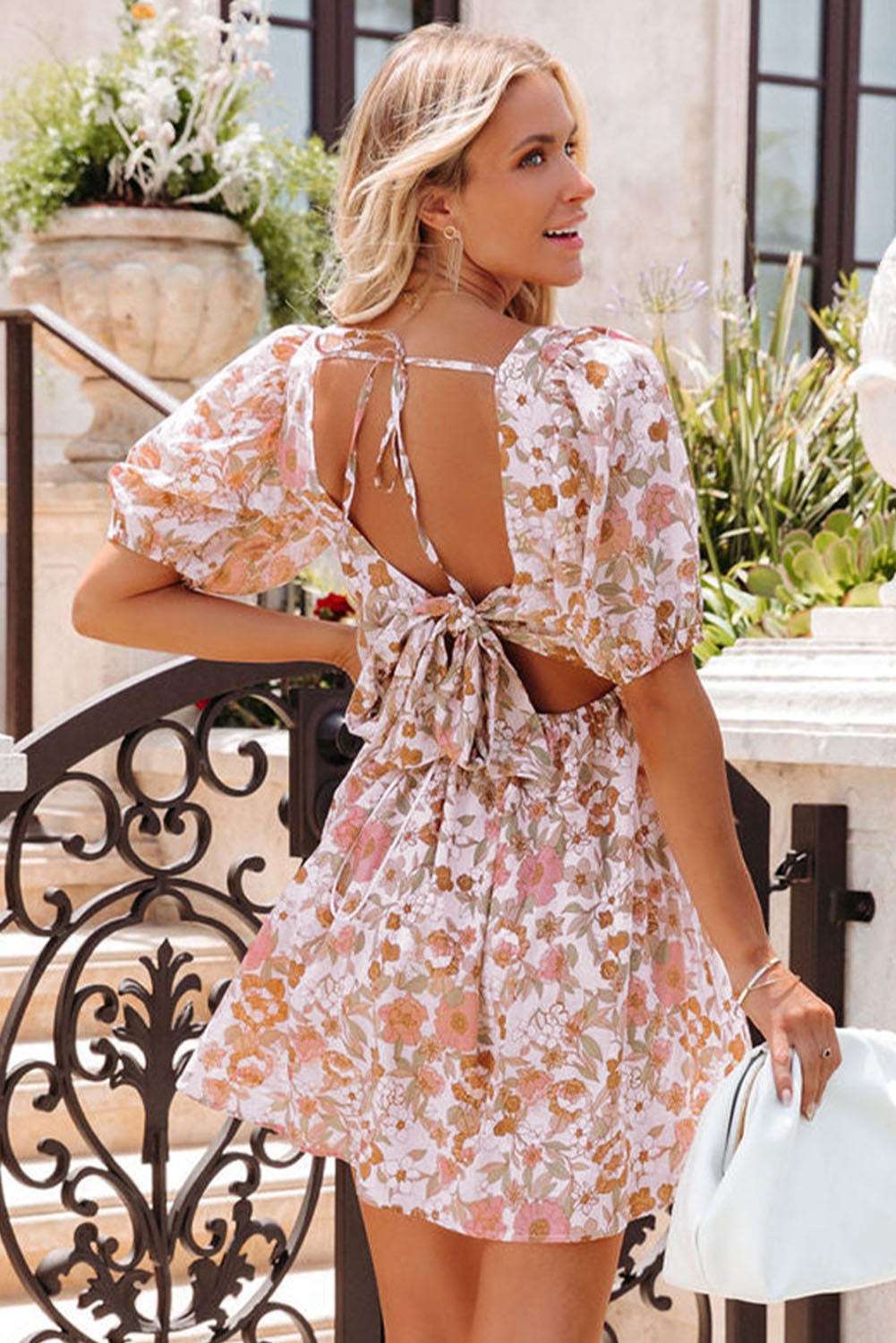 The802Gypsy  Dresses TRAVELING GYPSY-Floral Print Bow Knot Backless Mini Dress