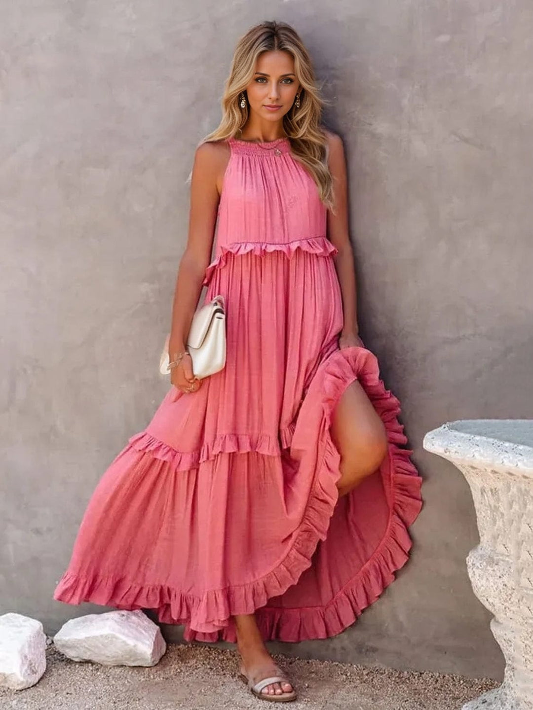 The802Gypsy Dresses Watermelon pink / S GYPSY-Ruffled Sleeveless Tiered Maxi Dress with Pockets