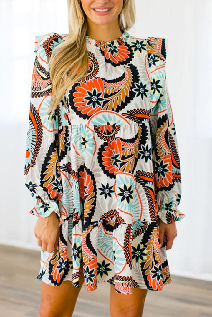The802Gypsy  Dresses White Printed / S / 100%Polyester Traveling Gypsy Boho Print Puff Sleeve Mini Dress