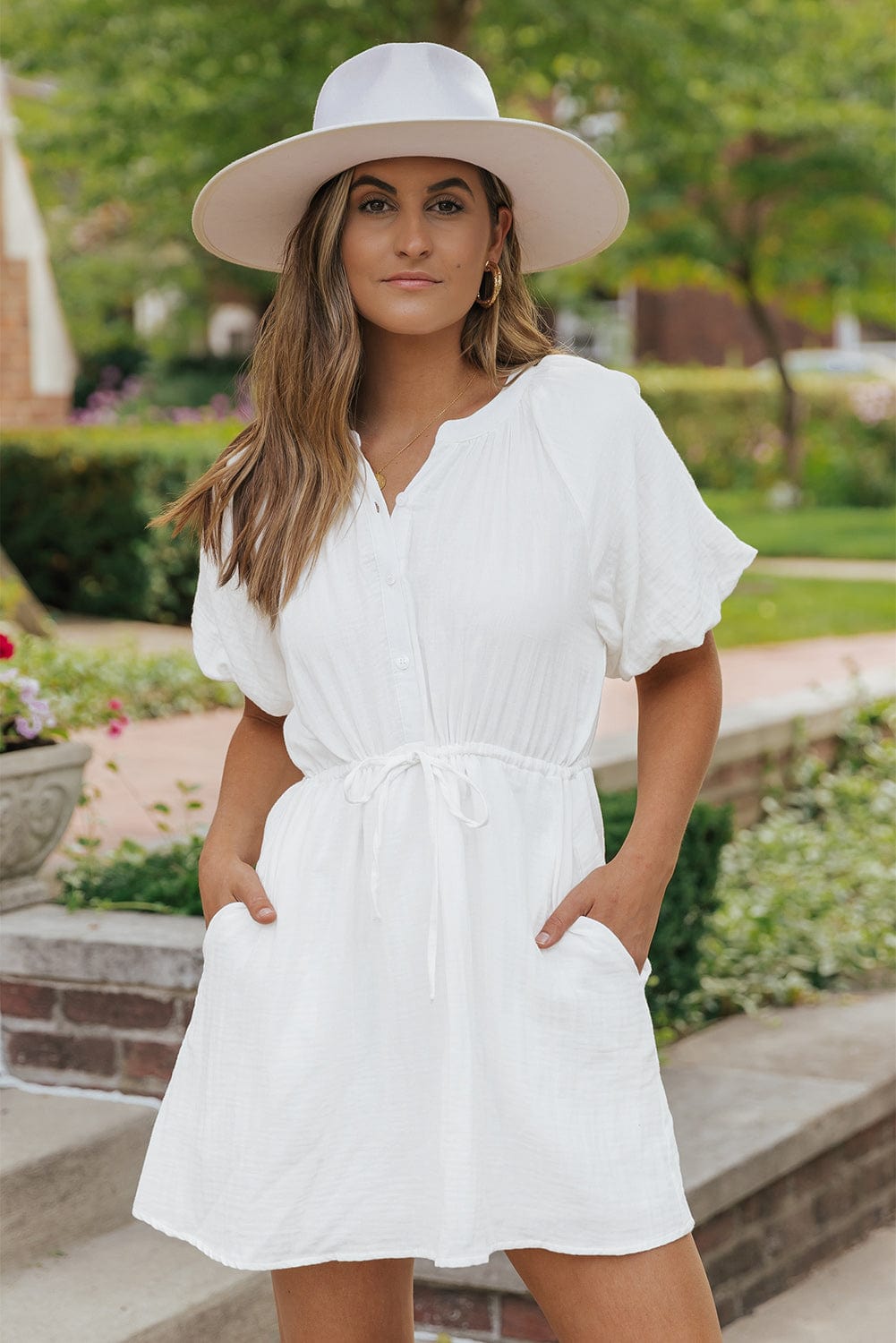 The802Gypsy  Dresses White / S / 100%Cotton TRAVELING GYPSY-Cotton Drawstring Shirt Dress with Pockets