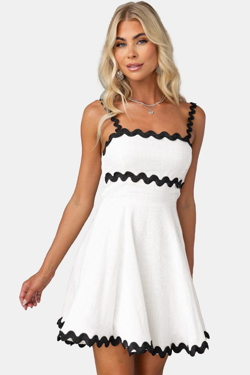 The802Gypsy Dresses White / S GYPSY-Contrast Trim Square Neck Mini Dress