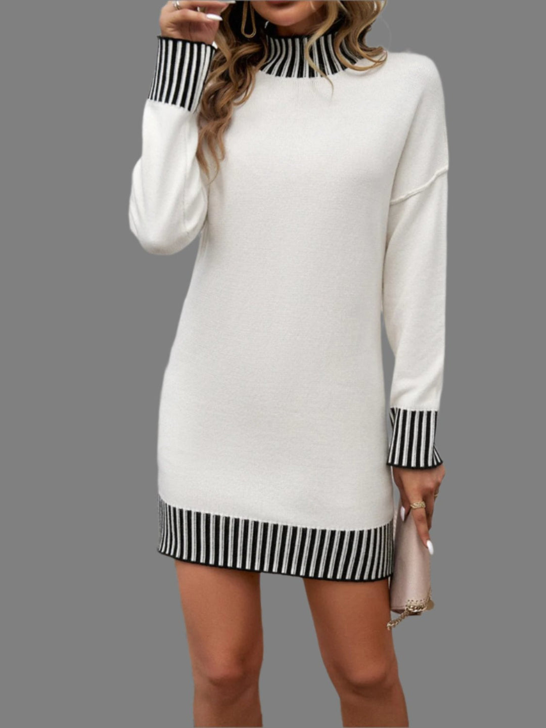 The802Gypsy Dresses White / S GYPSY-Devine Striped Mock Neck Sweater Dress