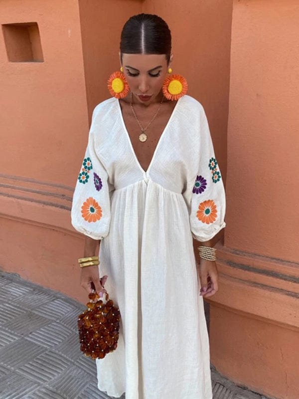 The802Gypsy Dresses White / S GYPSY GIRL-V-neck printed long-sleeved backless dress