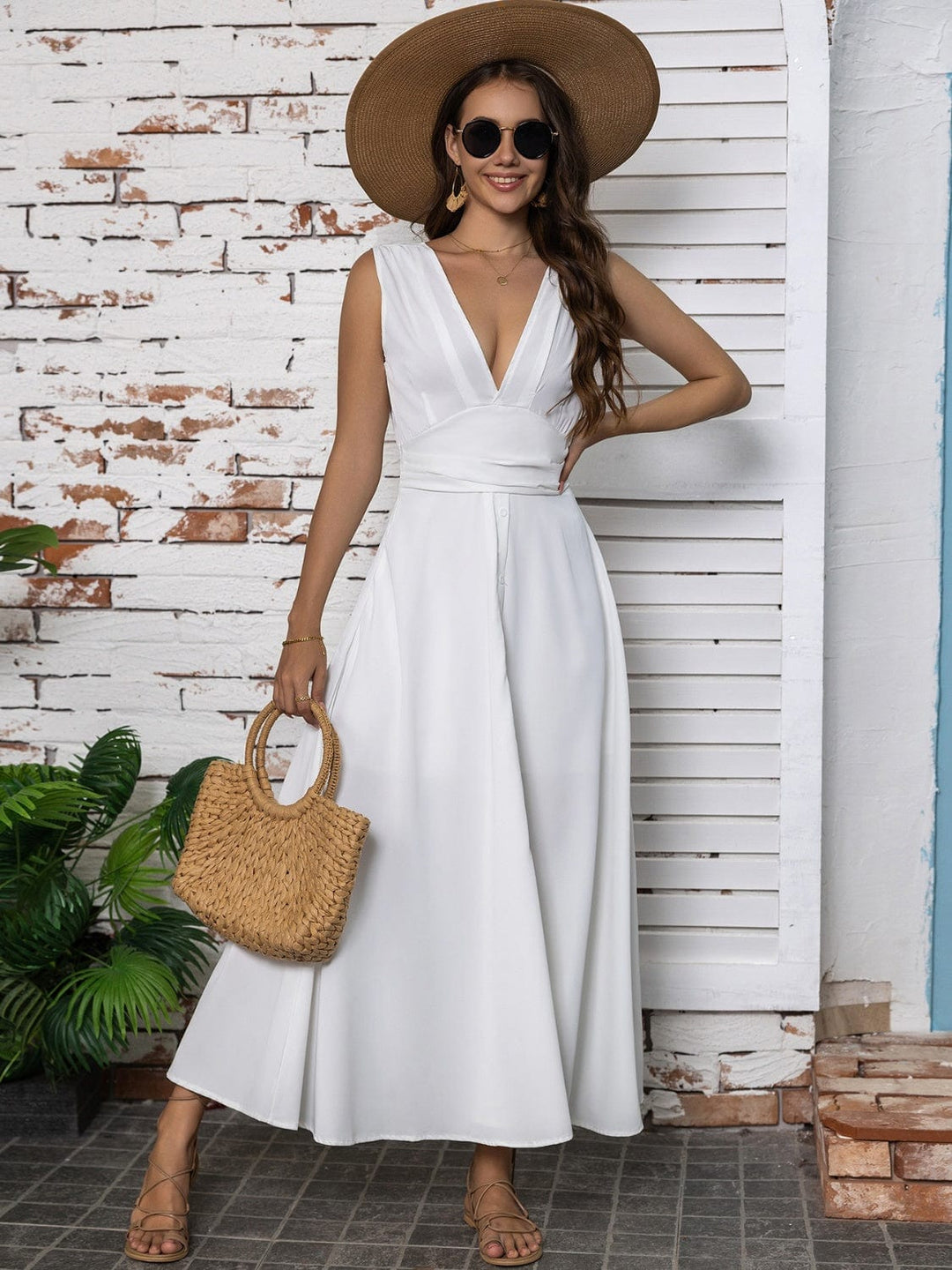 The802Gypsy dresses White / S GYPSY-V-Neck Sleeveless Midi Dress