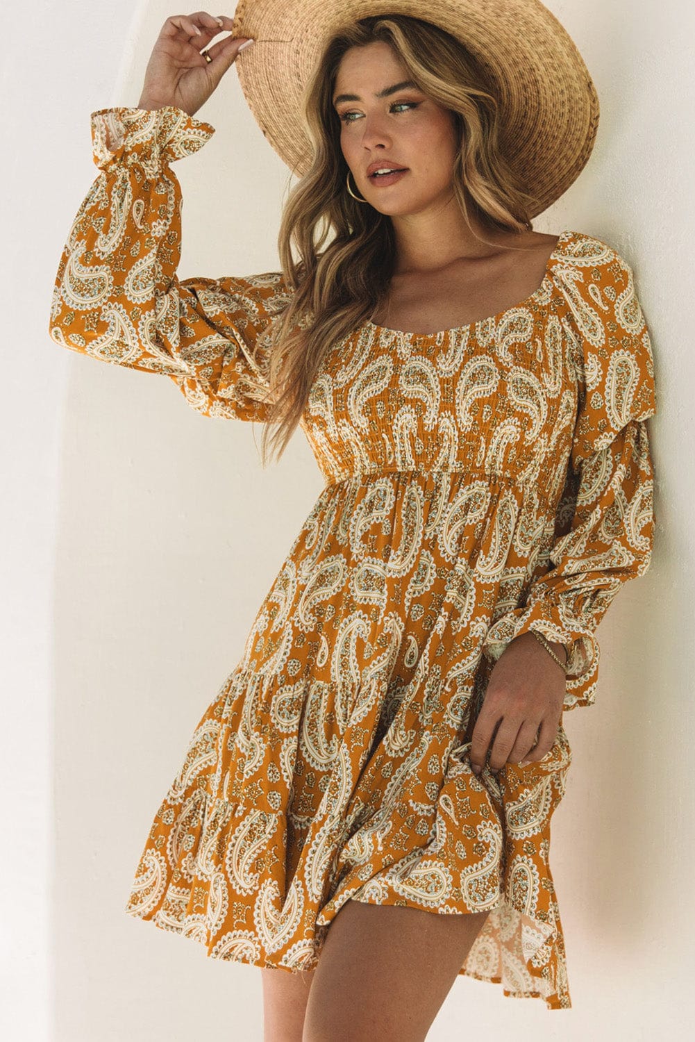 The802Gypsy  Dresses Yellow / L / 100%Viscose TRAVELING GYPSY-Paisley Long Sleeve Floral Dress