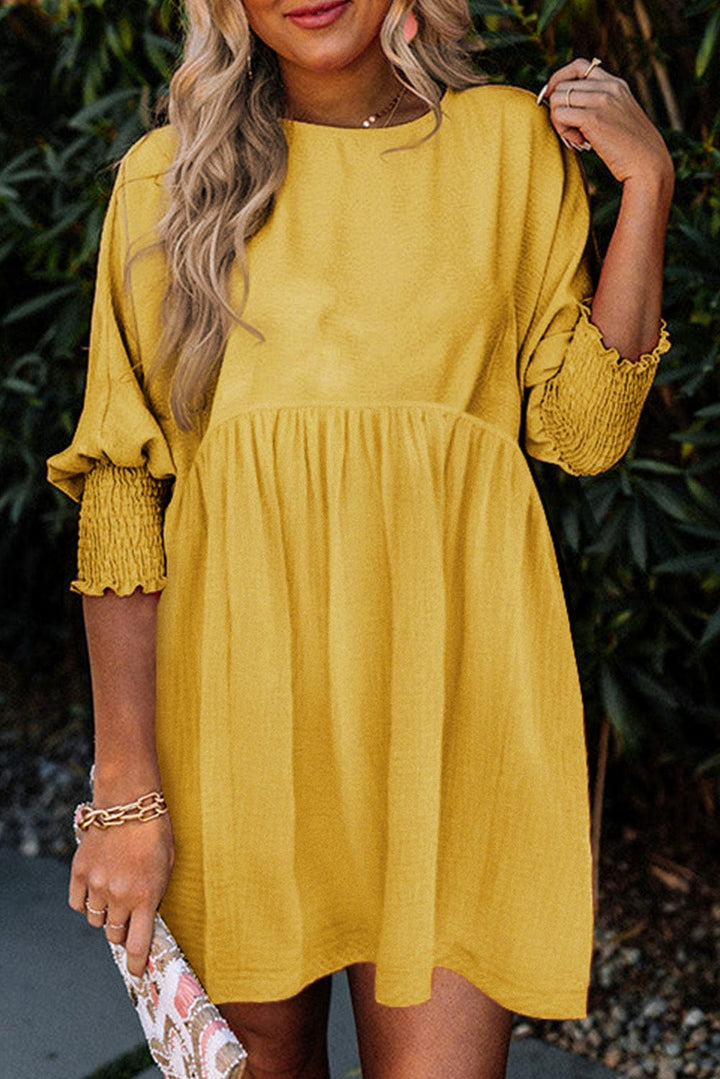 The802Gypsy  Dresses Yellow / S / 100%Polyester Traveling Gypsy  Shirred Cuffs Short Swing Dress