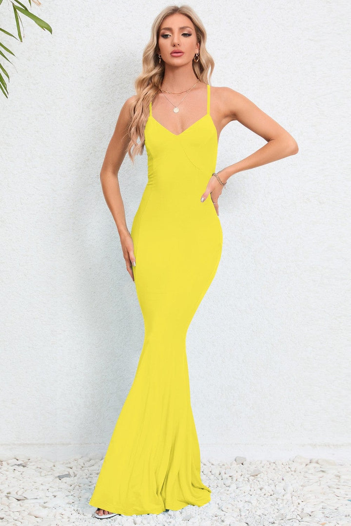 The802Gypsy Dresses Yellow / S GYPSY-Crisscross Spaghetti Strap Fishtail Dress