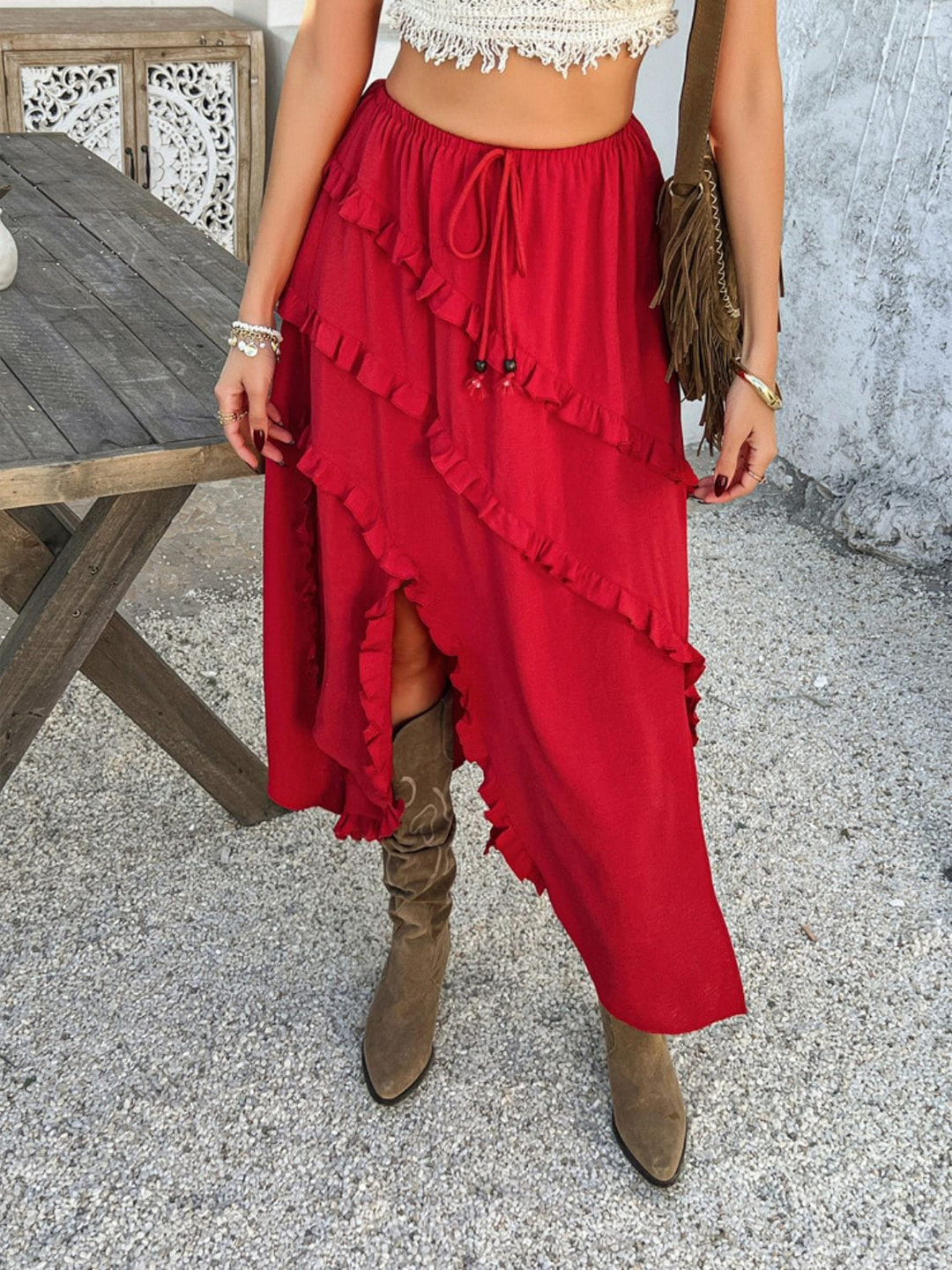 The802Gypsy-GYPSY Bottoms/skirts GYPSY - Slit Drawstring Ruffled Skirt by Devine