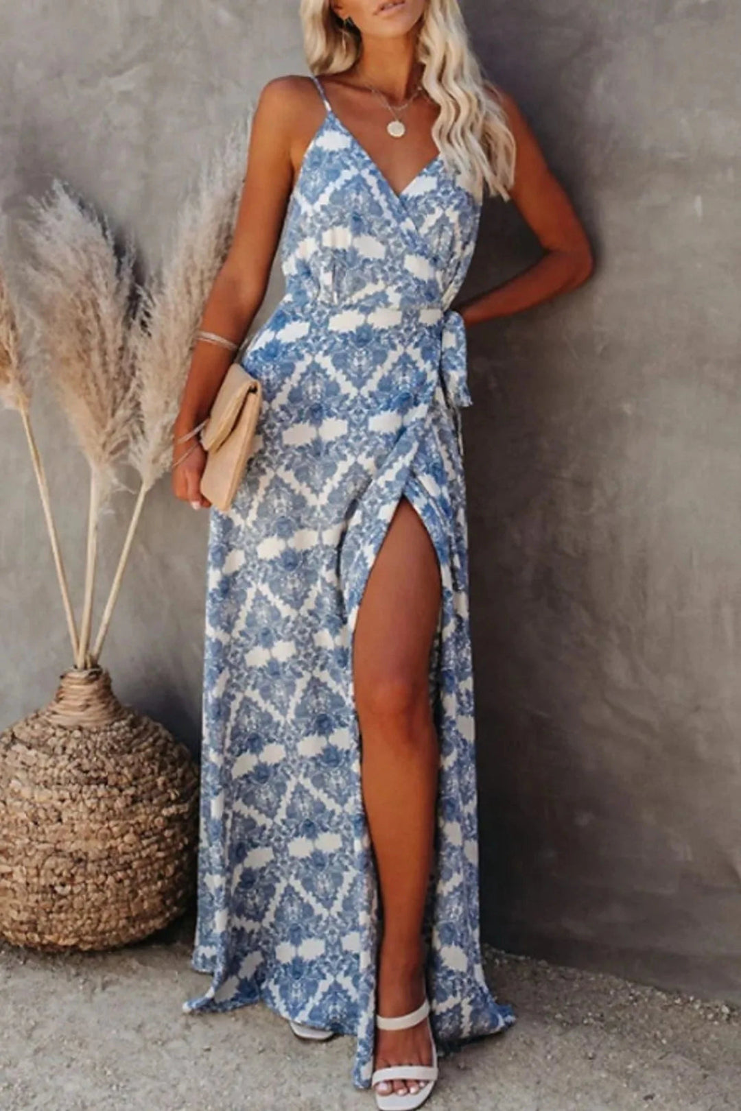 The802Gypsy-Gypsy Dress/Beach Dress Sky Blue / S GYPSY - Tied Printed Maxi Cami Dress