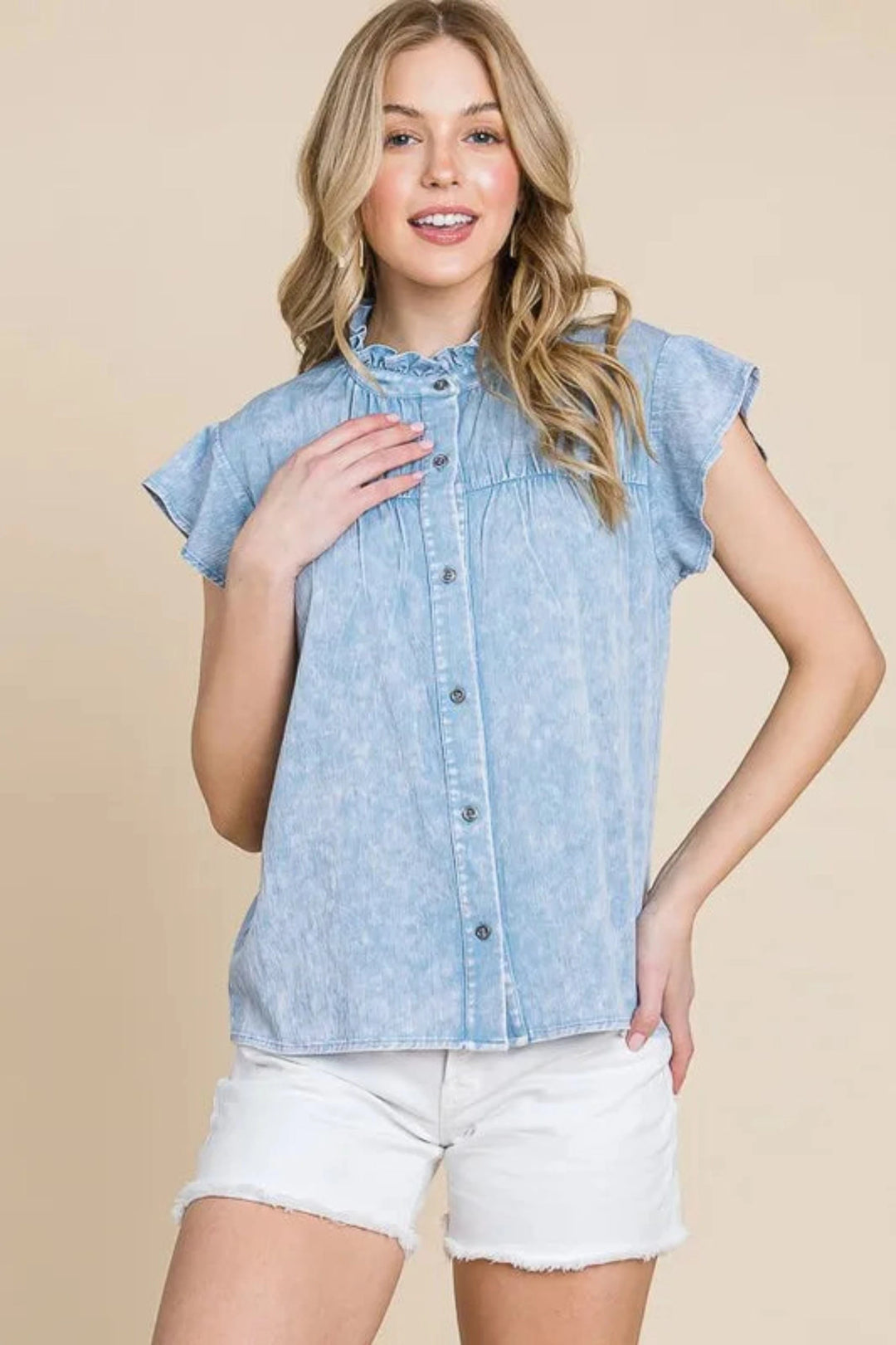 The802Gypsy-Gypsy Tops/Blouses & Shirts ❤️GYPSY - Mineral Wash Flutter Sleeve Button Down Shirt