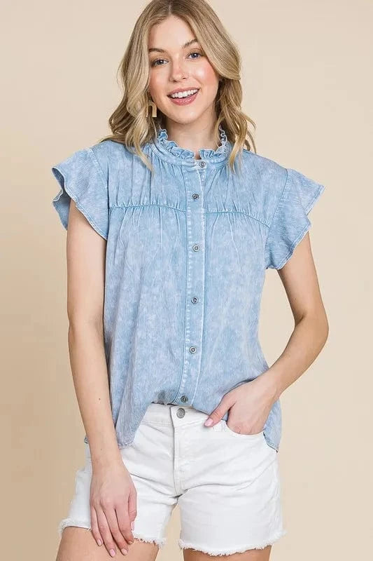 The802Gypsy-Gypsy Tops/Blouses & Shirts ❤️GYPSY - Mineral Wash Flutter Sleeve Button Down Shirt
