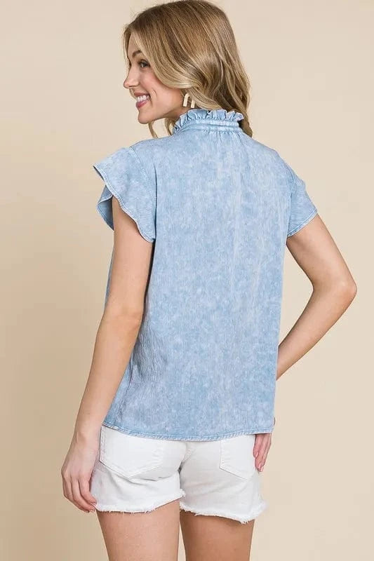 The802Gypsy-Gypsy Tops/Blouses & Shirts ❤️GYPSY - Mineral Wash Flutter Sleeve Button Down Shirt