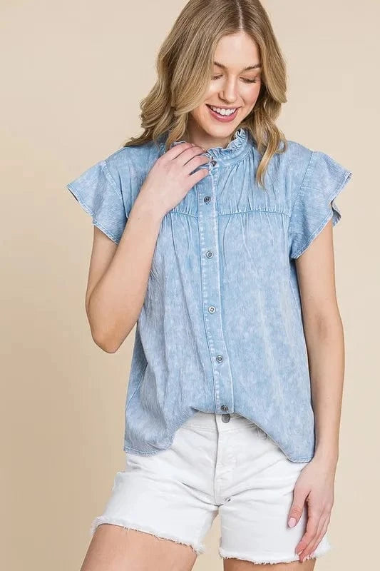 The802Gypsy-Gypsy Tops/Blouses & Shirts ❤️GYPSY - Mineral Wash Flutter Sleeve Button Down Shirt