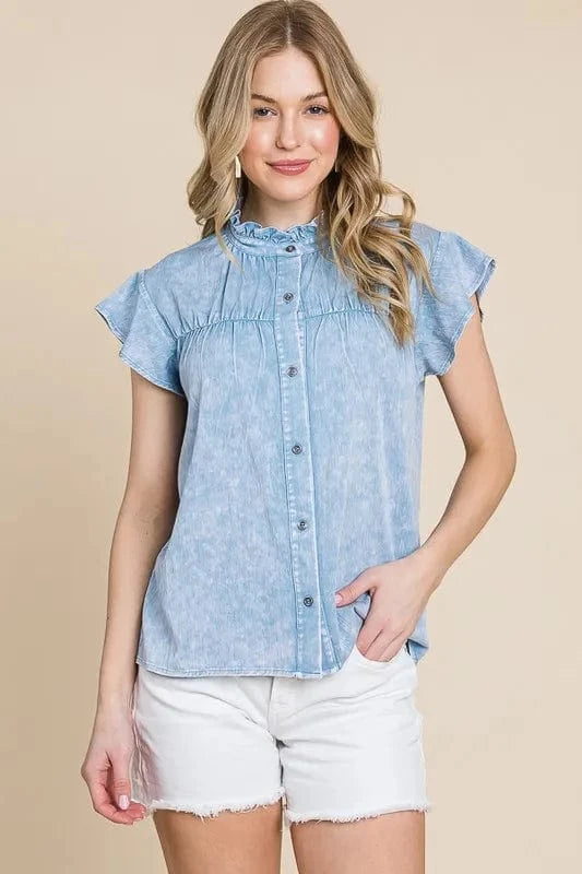 The802Gypsy-Gypsy Tops/Blouses & Shirts ❤️GYPSY - Mineral Wash Flutter Sleeve Button Down Shirt