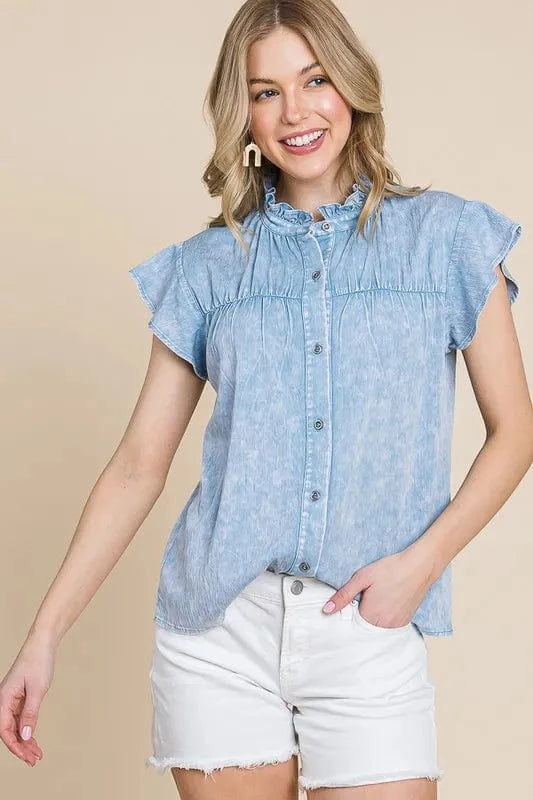 The802Gypsy-Gypsy Tops/Blouses & Shirts ❤️GYPSY - Mineral Wash Flutter Sleeve Button Down Shirt