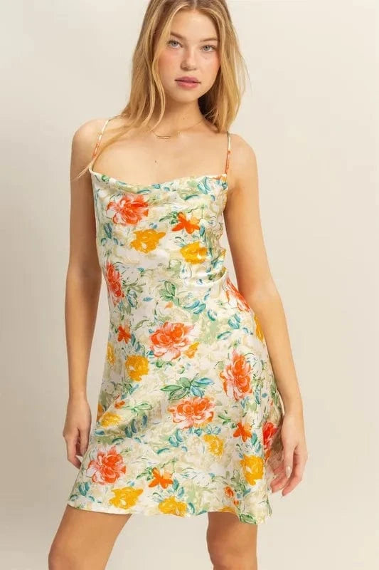 The802Gypsy-GypsyUSA Dress/floral APPLE GREEN / S ❤️GYPSY - Floral Cowl Neck Flirty Satin Mini Dress by HYFVE