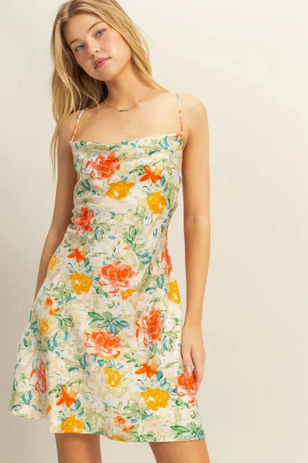 The802Gypsy-GypsyUSA Dress/floral ❤️GYPSY - Floral Cowl Neck Flirty Satin Mini Dress by HYFVE