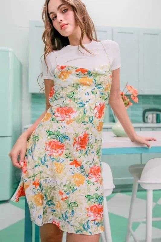 The802Gypsy-GypsyUSA Dress/floral ❤️GYPSY - Floral Cowl Neck Flirty Satin Mini Dress by HYFVE