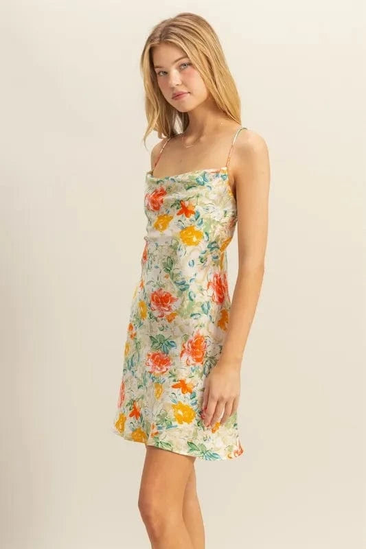 The802Gypsy-GypsyUSA Dress/floral ❤️GYPSY - Floral Cowl Neck Flirty Satin Mini Dress by HYFVE