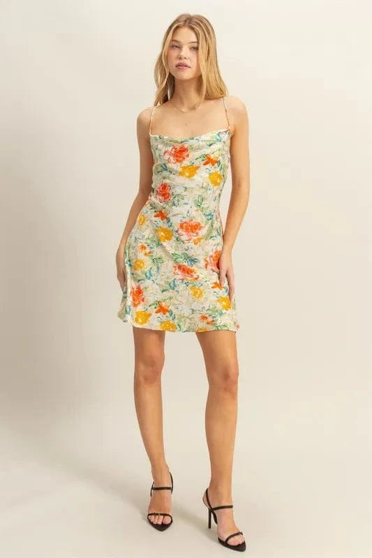 The802Gypsy-GypsyUSA Dress/floral ❤️GYPSY - Floral Cowl Neck Flirty Satin Mini Dress by HYFVE