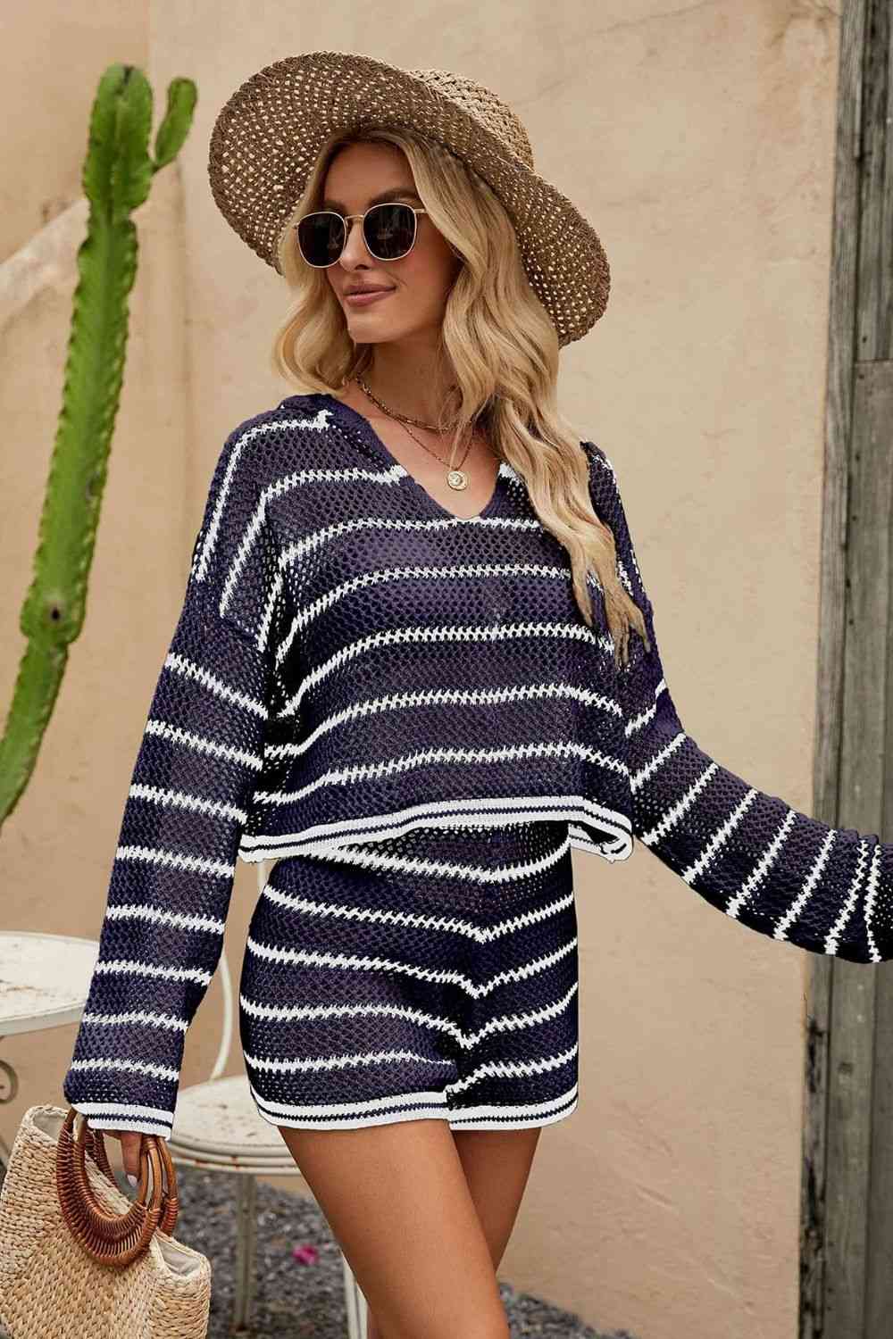 The802Gypsy hoodie set Dark Navy / S GYPSY-Striped Knit Hoodie and Shorts Set