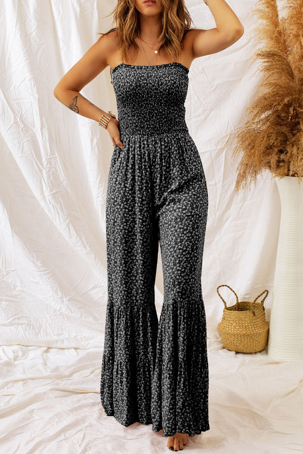 The802Gypsy  jumpsuits and rompers Black / S / 100%Polyester TRAVELING GYPSY-Wide Leg Floral Jumpsuit
