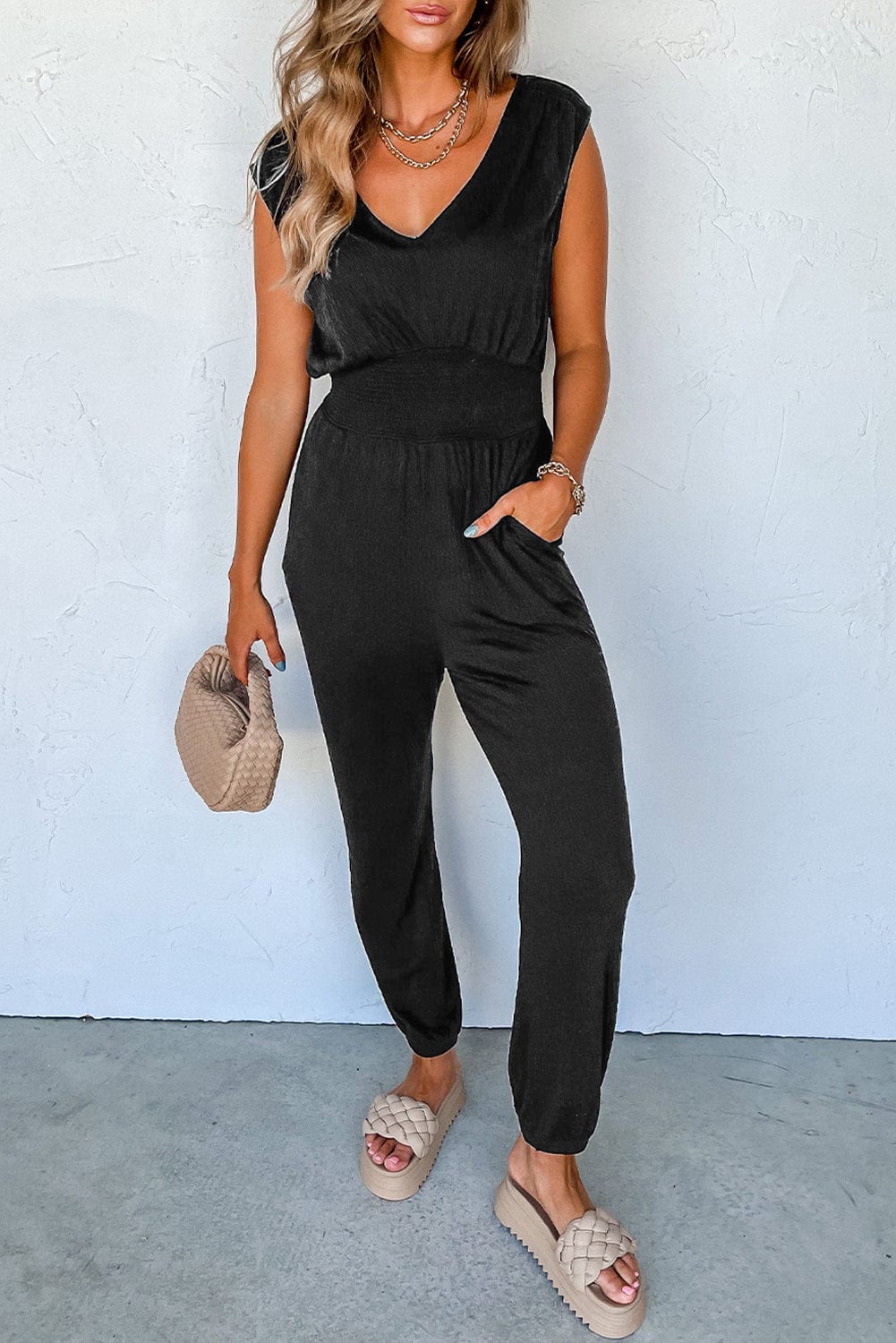 The802Gypsy  jumpsuits and rompers Black / S / 65%Polyester+30%Cotton+5%Elastane TRAVELING GYPSY-High Waist Sleeveless V Neck Jumpsuit