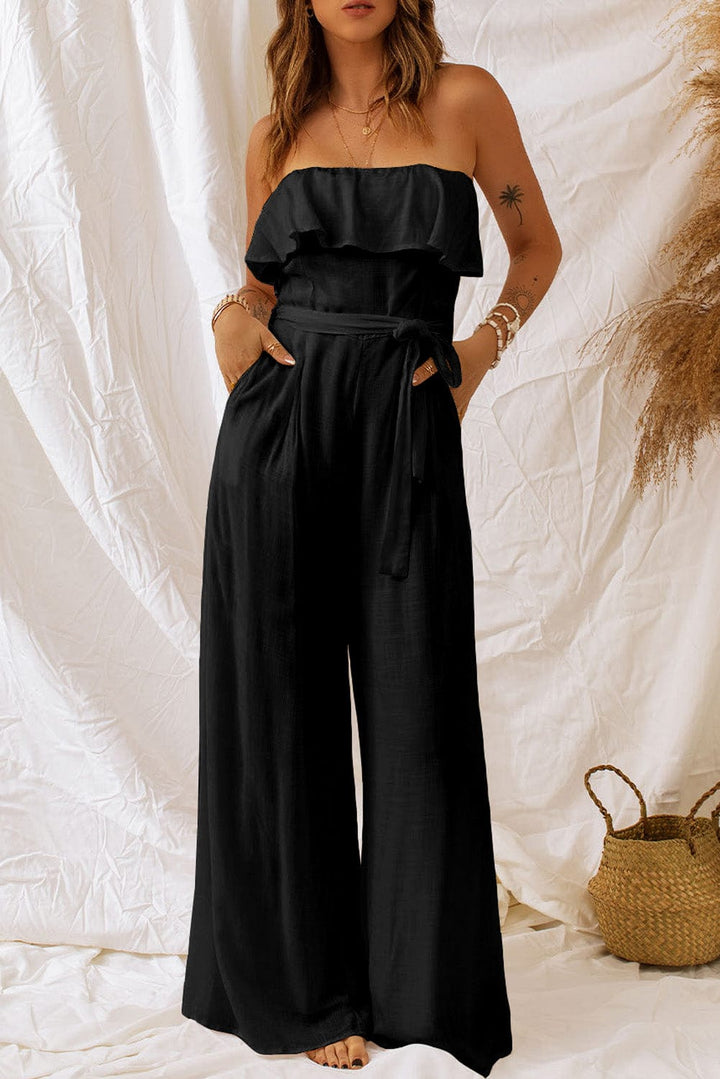 The802Gypsy jumpsuits and rompers Black / S GYPSY-Tie-Waist Strapless Wide Leg Jumpsuit