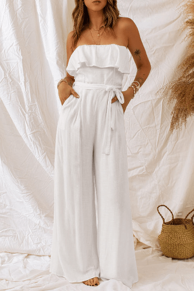 The802Gypsy jumpsuits and rompers GYPSY-Tie-Waist Strapless Wide Leg Jumpsuit