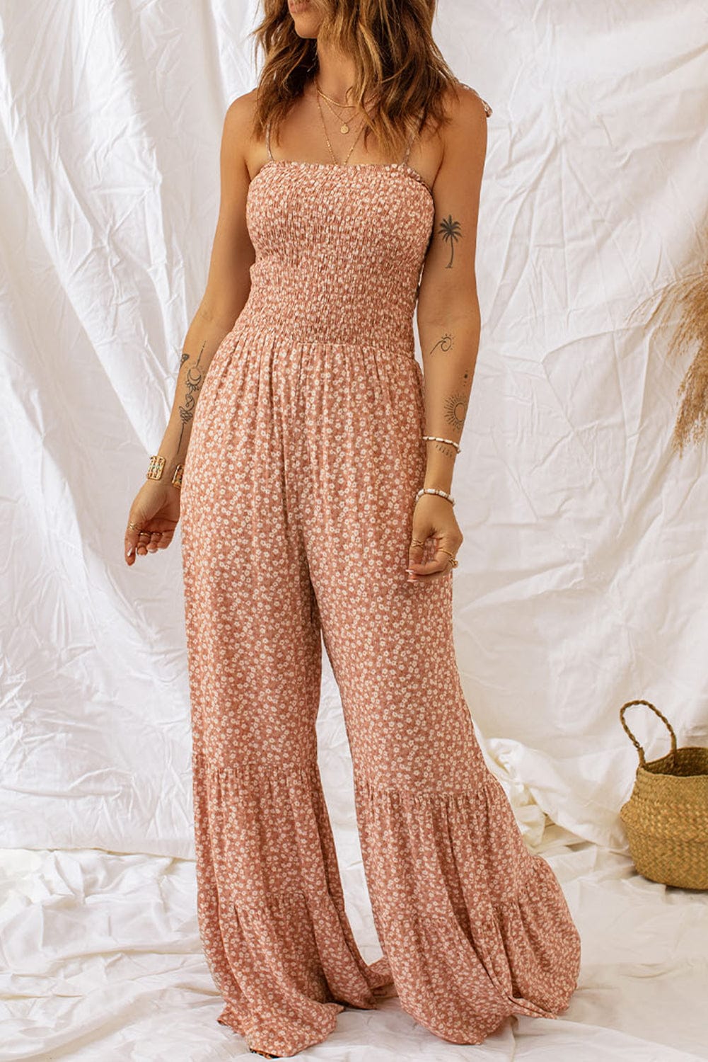 The802Gypsy  jumpsuits and rompers Khaki / S / 100%Polyester TRAVELING GYPSY-Wide Leg Floral Jumpsuit