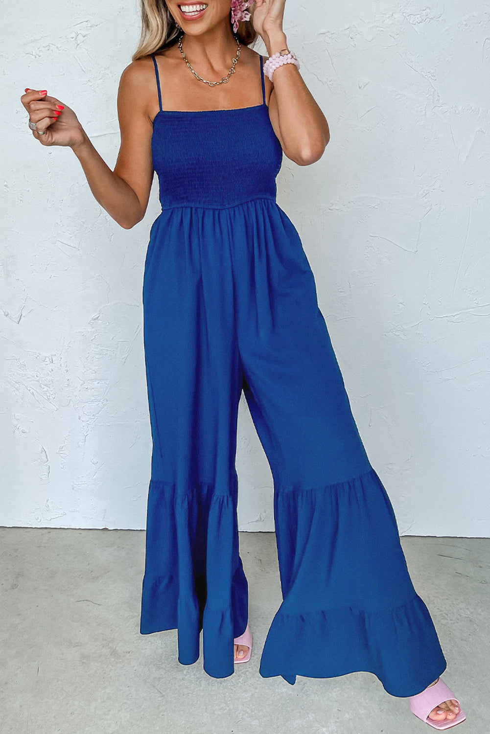 The802Gypsy  jumpsuits and rompers Navy Blue / S TRAVELING GYPSY-Ruffled Wide Leg Jumpsuit