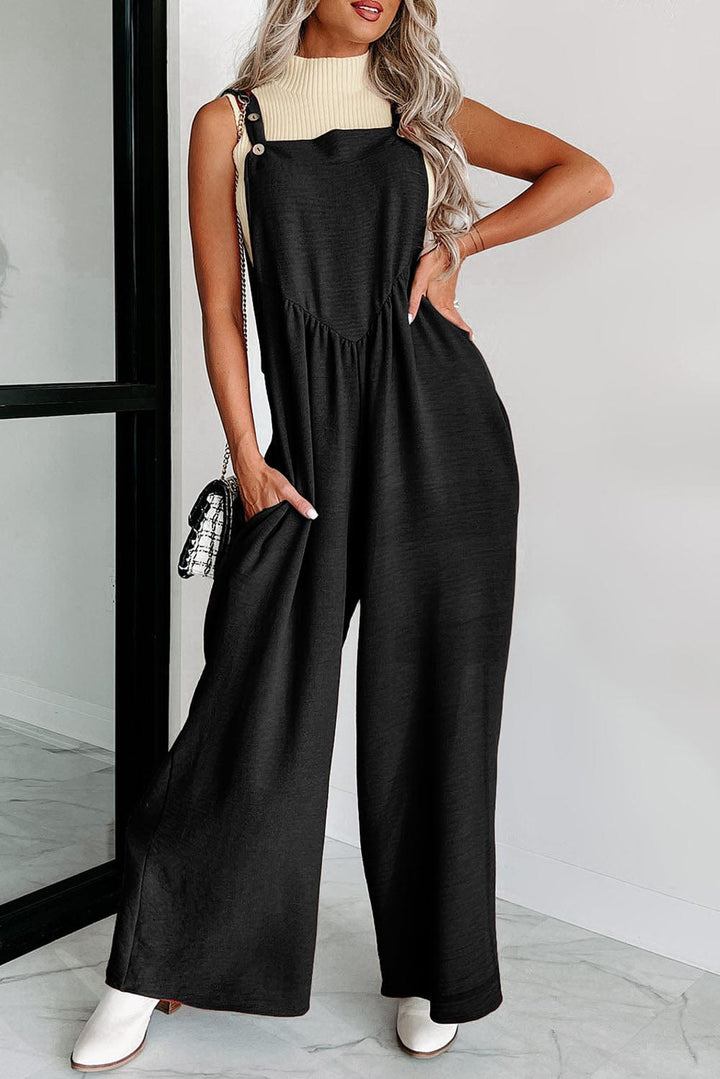 The802Gypsy  Jumpsuits & Rompers Black / S / 65%Cotton+33%Polyester+2%Elastane TRAVELING GYPSY-Ruched Wide Leg Jumpsuit
