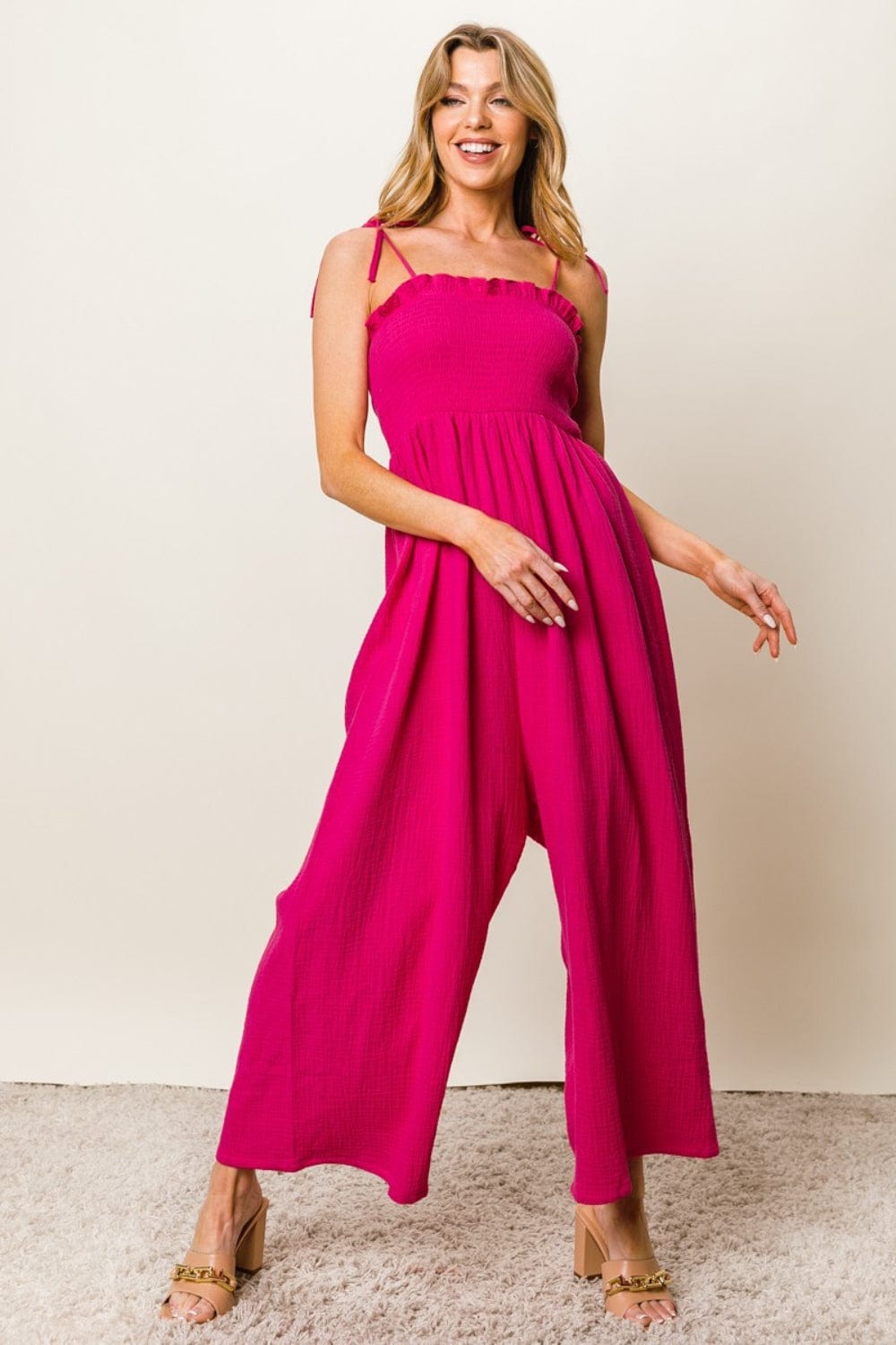 The802Gypsy Jumpsuits & Rompers FUCHSIA / S GYPSY-BiBi-Texture Smocked Sleeveless Jumpsuit