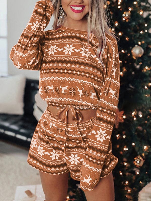 The802Gypsy Loungewear sets Brown / S GYPSY GIRL-Christmas Long-Sleeved Sweatshirt Shorts Set