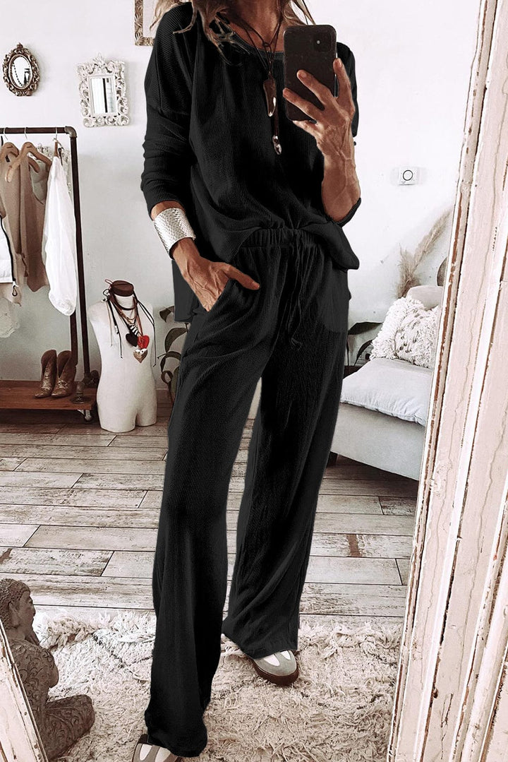 The802Gypsy  Loungewear & Sleepwear/Loungewear Black / S / 75%Polyester+25%Cotton TRAVELING GYPSY-Textured Long Sleeve T Shirt and Pants Lounge Set