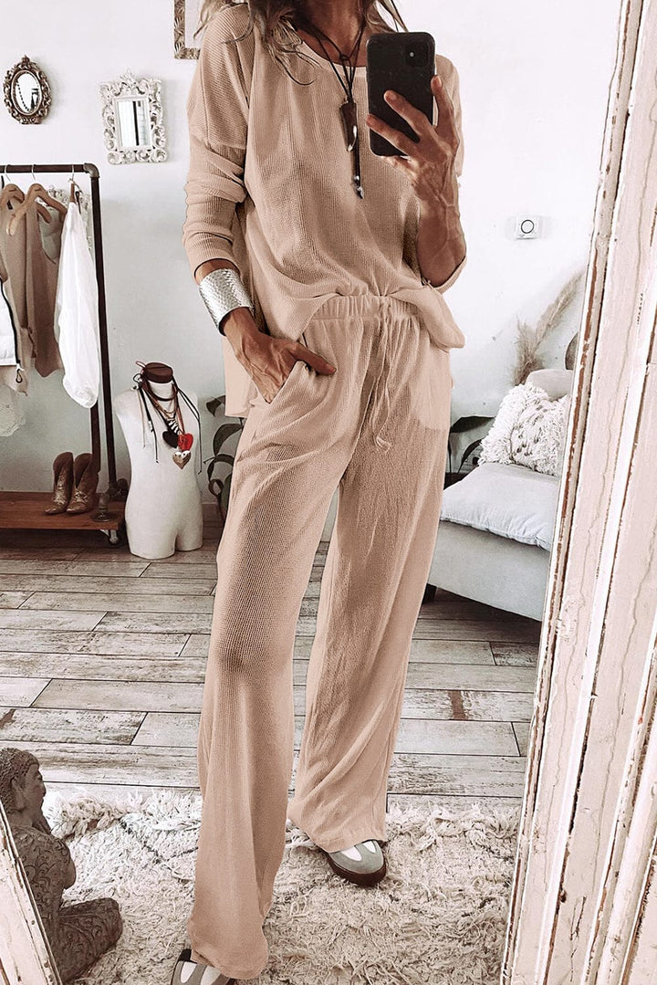 The802Gypsy  Loungewear & Sleepwear/Loungewear Tan / S / 75%Polyester+25%Cotton TRAVELING GYPSY-Textured Long Sleeve T Shirt and Pants Lounge Set