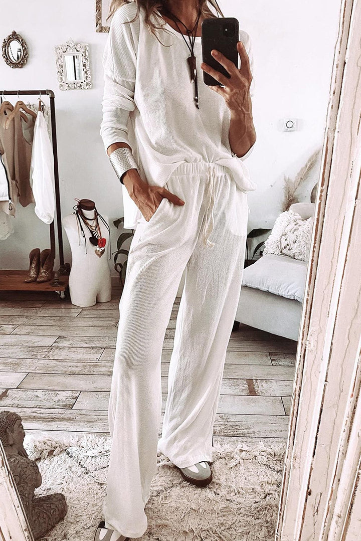 The802Gypsy  Loungewear & Sleepwear/Loungewear White / S / 75%Polyester+25%Cotton TRAVELING GYPSY-Textured Long Sleeve T Shirt and Pants Lounge Set