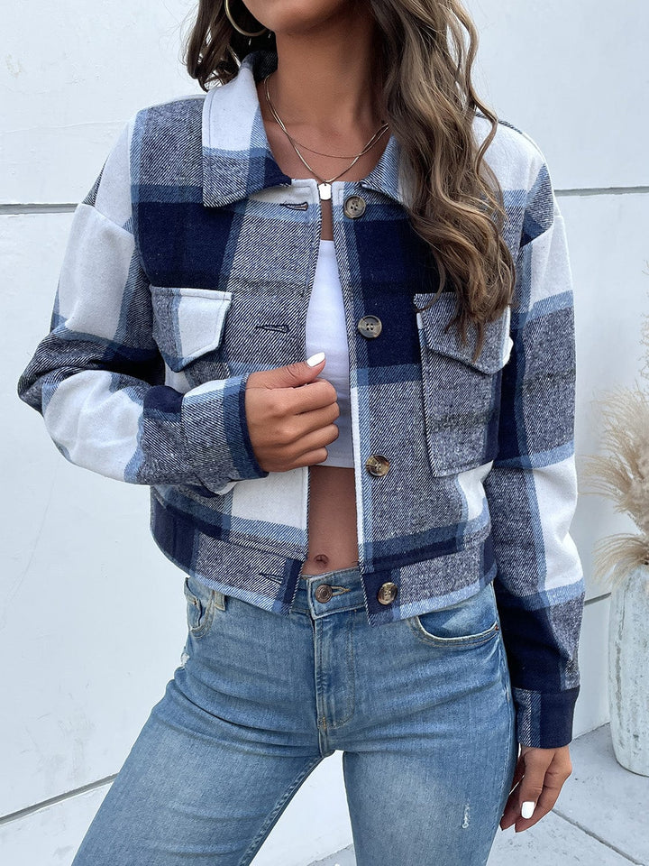 The802Gypsy Outerwear/Coats Dark Blue / S GYPSY-Plaid Button Up Cropped Jacket