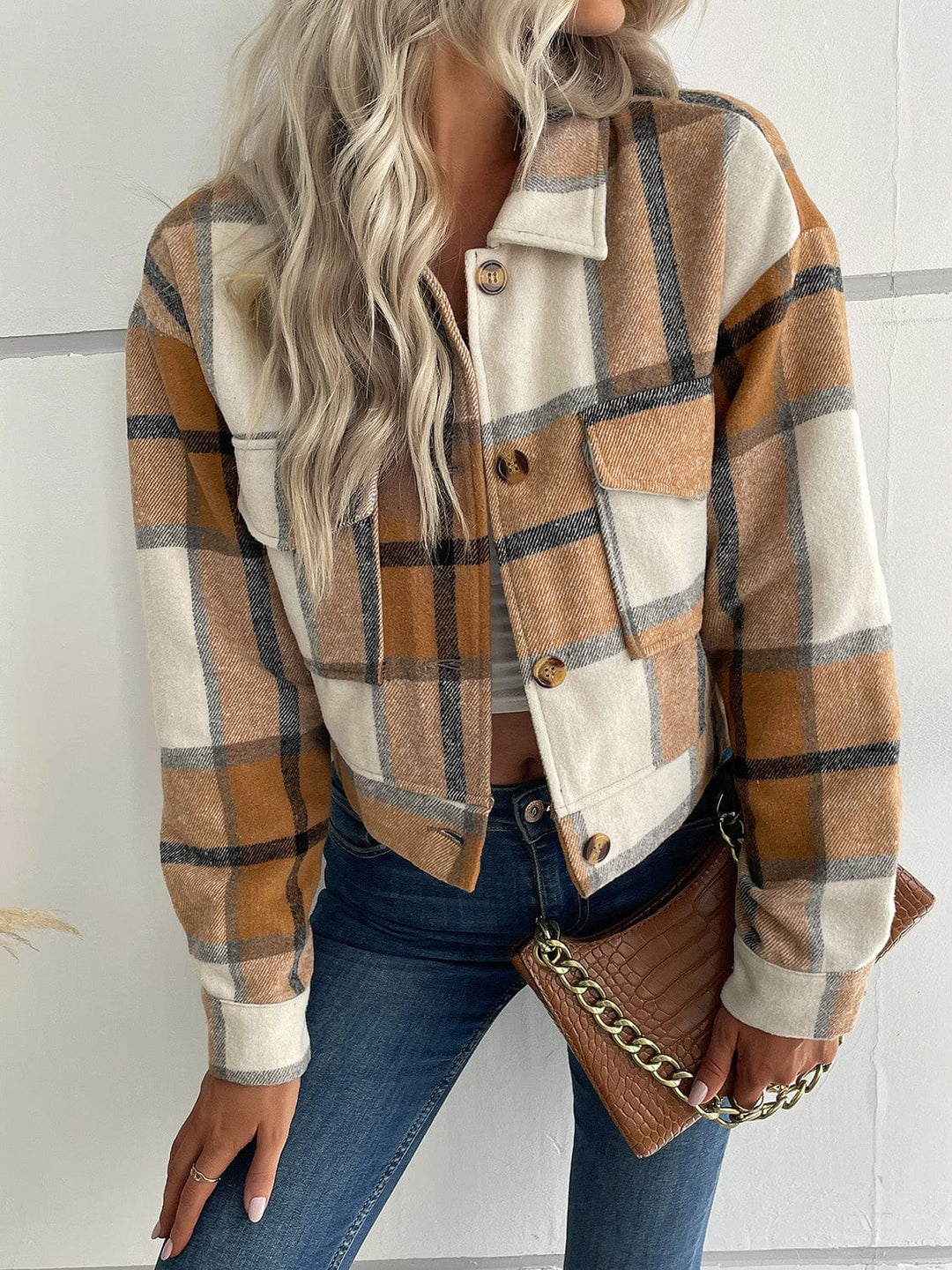 The802Gypsy Outerwear/Coats Khaki / S GYPSY-Plaid Button Up Cropped Jacket