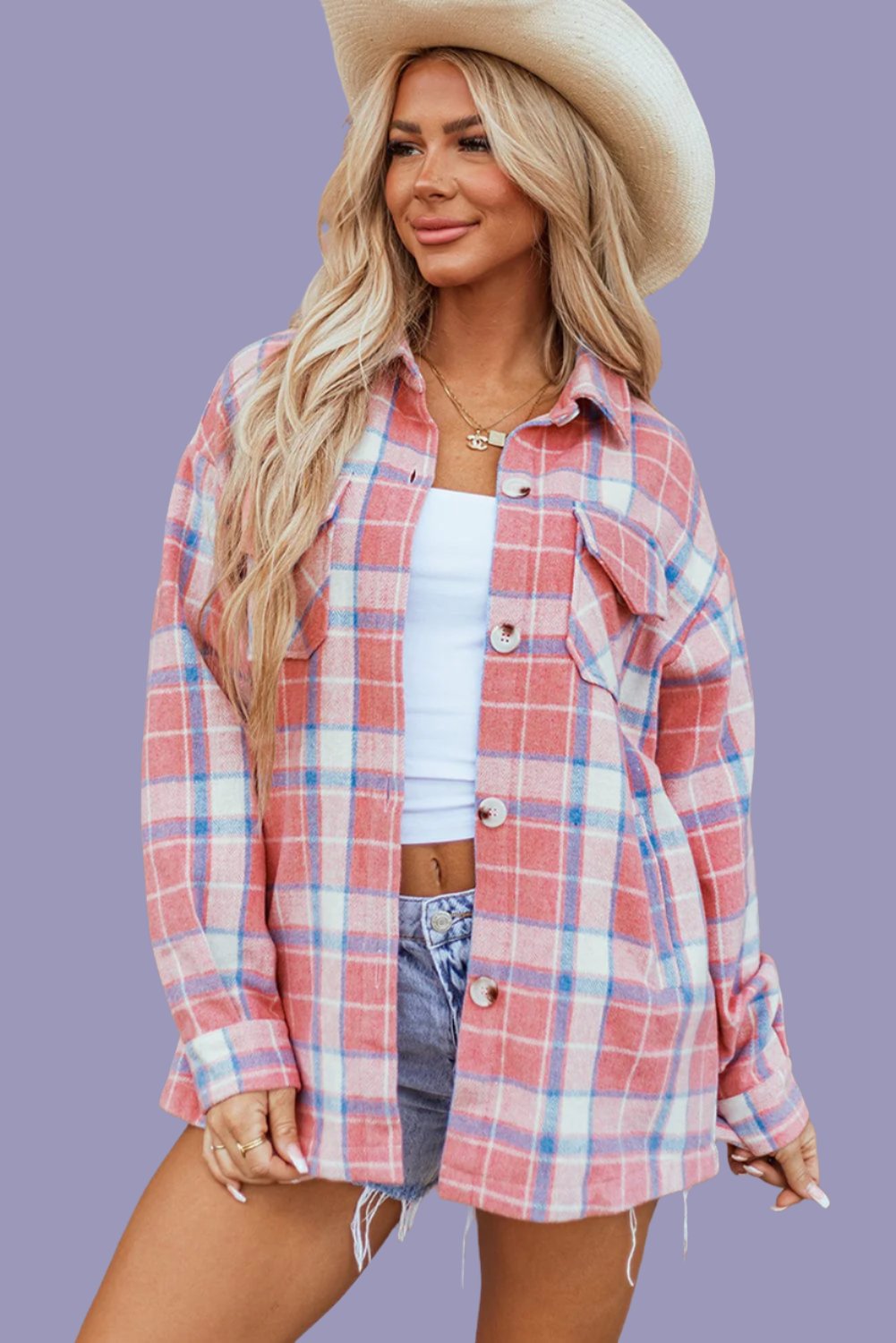 The802Gypsy  Outerwear/Plaid Shackets Pink / S / 100%Polyester TRAVELING GYPSY-Pink Plaid Light Flannel Shacket ⏹️