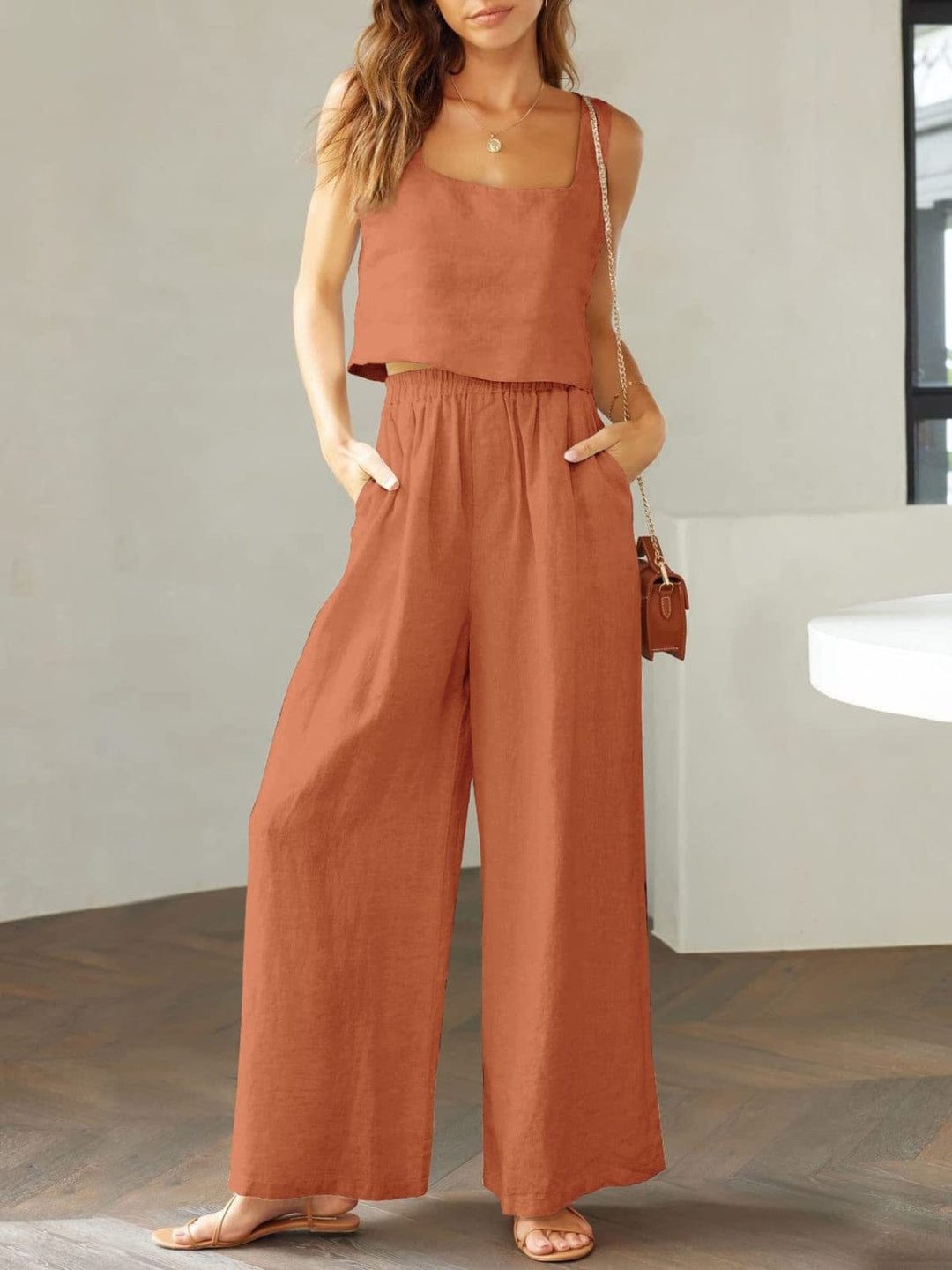 The802Gypsy outfit sets Caramel / S GYPSY-Cotton Top and Wide Leg Pants Set