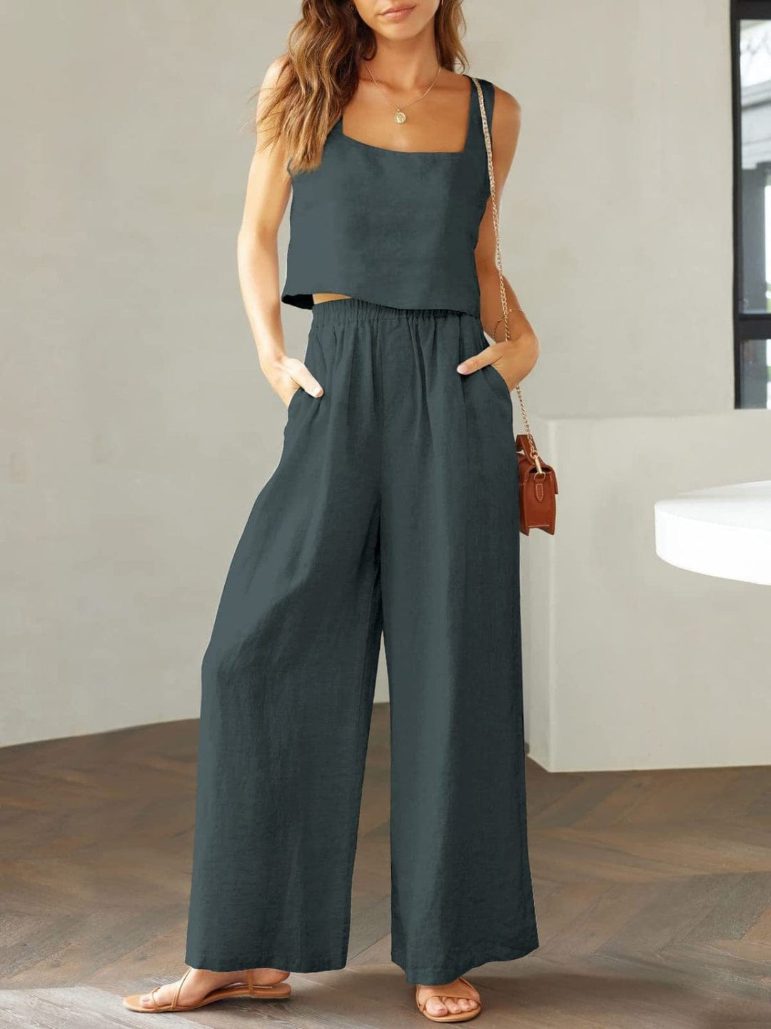 The802Gypsy outfit sets Dark Gray / S GYPSY-Cotton Top and Wide Leg Pants Set