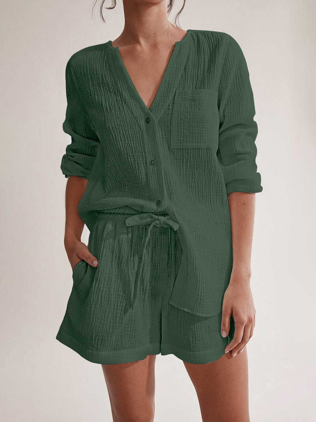 The802Gypsy outfit sets Dark Green / S GYPSY-Cotton Lazy Days Long Sleeve Top and Shorts Set