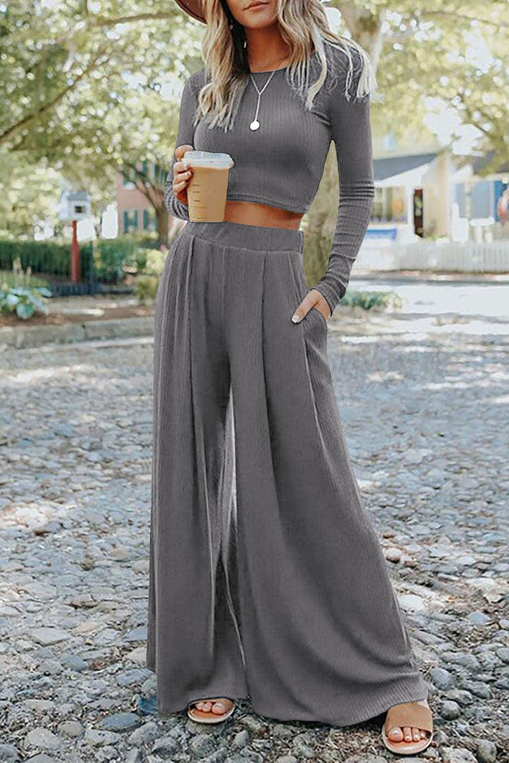 The802Gypsy  outfit sets Gray / S / 65%Polyester+25%Viscose+10%Elastane TRAVELING GYPSY-Ribbed Crop Top Long Pants Set