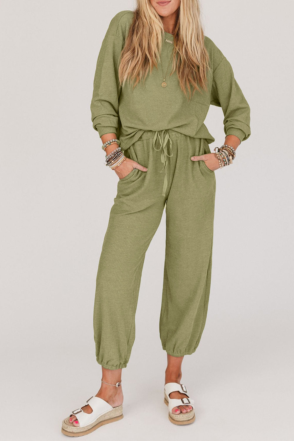 The802Gypsy  outfit sets Laurel Green / S / 65%Polyester+30%Viscose+5%Elastane TRAVELING GYPSY-Long Sleeve Top Drawstring Casual Set