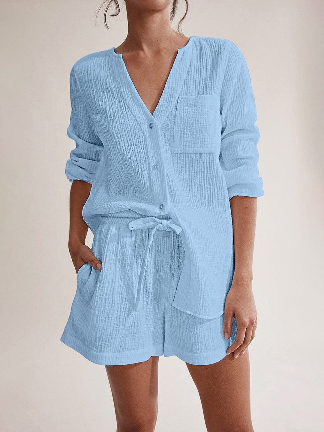 The802Gypsy outfit sets Light Blue / S GYPSY-Cotton Lazy Days Long Sleeve Top and Shorts Set