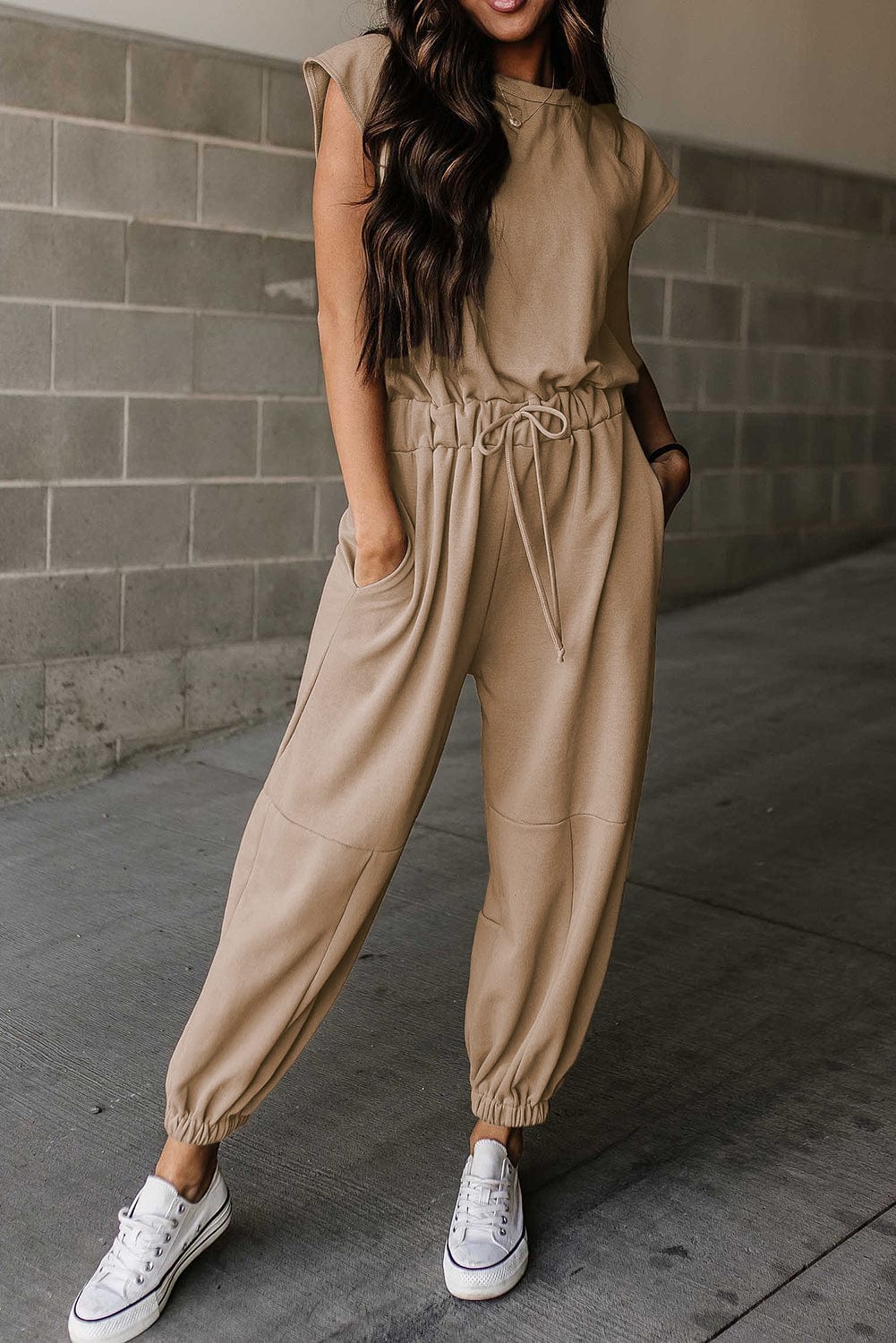The802Gypsy  outfit sets Light French Beige / S / 80%Polyester+20%Cotton TRAVELING GYPSY-Open Back Drawstring Jogger Jumpsuit