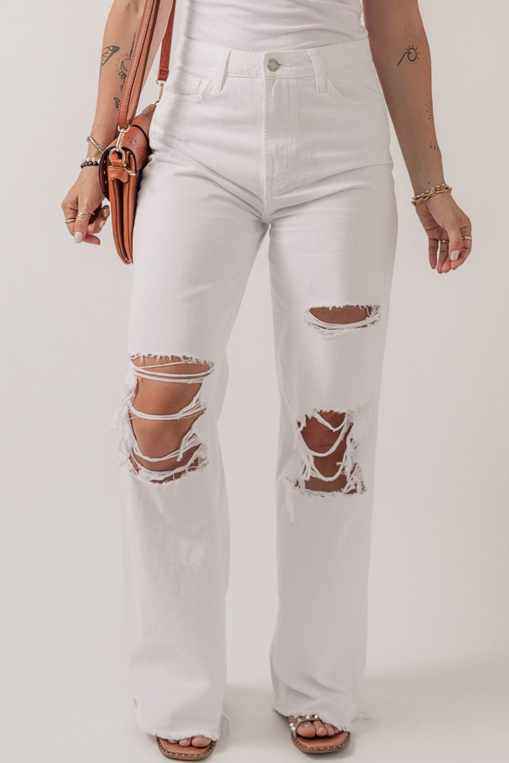The802Gypsy  pants Bright White / 6 / 98%Cotton+2%Elastane TRAVELING GYPSY-Heavy Distressed Straight Leg Jeans