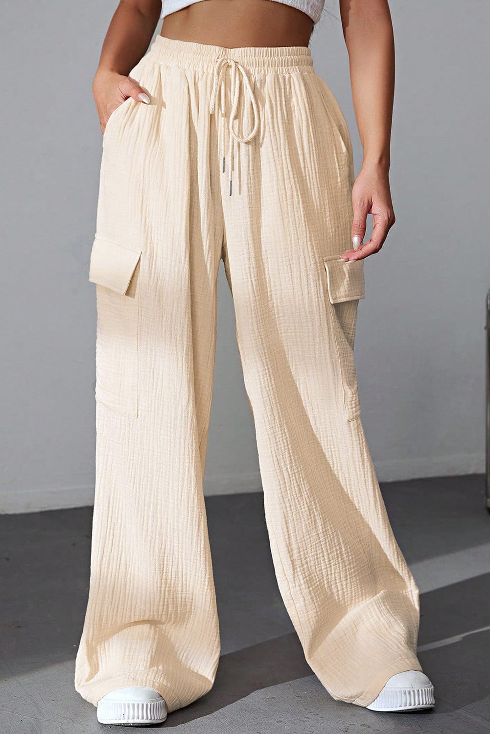 The802Gypsy pants Ivory / S GYPSY-Cotton Drawstring Pocketed Wide Leg Pants